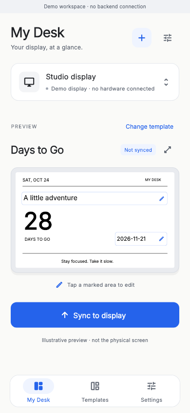 Actual Flutter companion app showing the Days to Go template with a sample countdown and editable event and date fields
